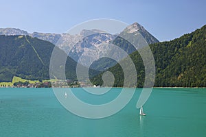 Sailboats on the turquoise waters of Achensee, Tirol, Austria