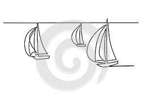 Sailboats under full sail at sea. Sailing logo. Continuous one line drawing.
