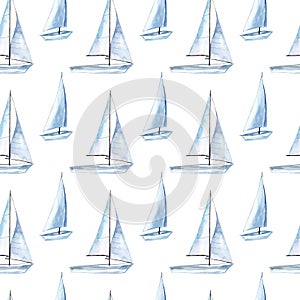 Sailboats on the waves. Seamless watercolor pattern for fabric.