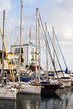 Sailboats and yachts in harbor in Puerto de Mogan, Gran Canaria, Spain