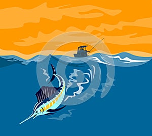 Sailfish diving with boat in b