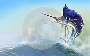 Sailfish fish on white. Striped big marlin in open sea