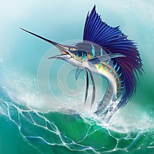 Sailfish fish on white. Striped big marlin. Sports fishing in the open sea