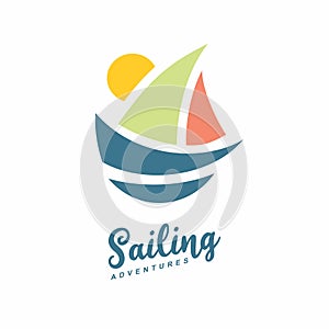 Sailing adventures logo with boat in the middle of picture.