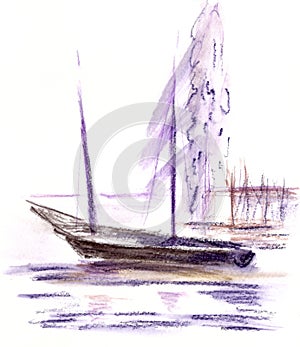 Sailing boat on a background of a fountain on Lake Geneva