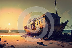 A sailing boat on the beach near abandoned buildings with a sunset backdrop. illustration painting