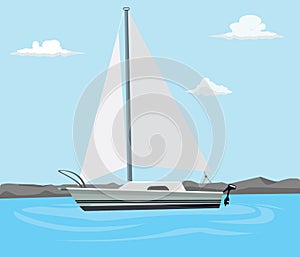 Sailing boat on the blue sea with cloud and flat style