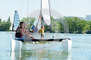 sailing boat on calm lake