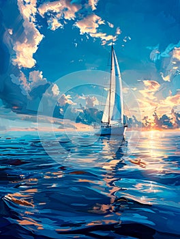 Sailing boat on a calm sea, white sails, summer adventure, nautical lifestyle, endless horizons photo