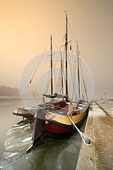 Sailing boat on a cold day in winter