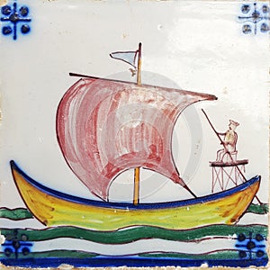 Sailing boat Fisherman old tile