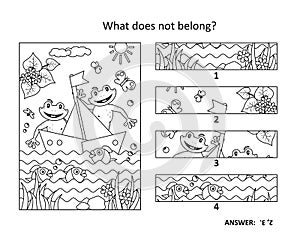 Sailing boat and frogs in a pond. Visual puzzle or picture riddle: What does not belong?