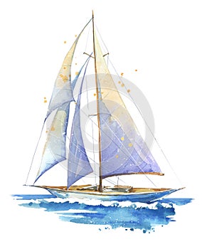 Plachtenie čln ruka namaľovaný akvarel ilustrácie 