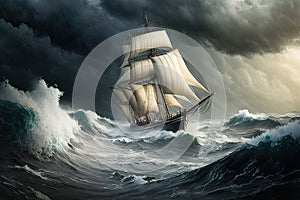 sailing boat in heavy sea sailing in a storm