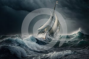 sailing boat in heavy sea sailing in a storm