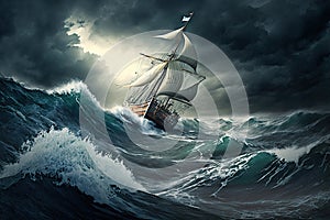 sailing boat in heavy sea sailing in a storm