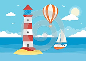 Sailing Boat, Hot Air Balloon and Lighthouse