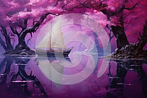 Sailing boat in the lake with pink flowers. Digital painting. a yacht with cherry tree sails in a deep purple pond surrealist post