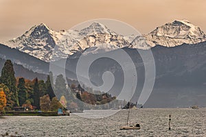 Sailing boat on Lake Thun, Spiez, Bernese Oberland, Switzerland