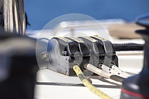 Sailing boat lines in cleats close up