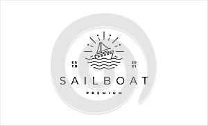 sailing boat logo badge line vector design illustration