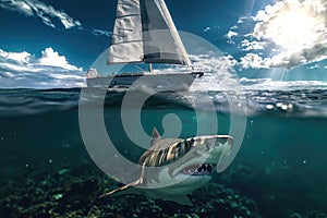 A sailing boat navigating above water in quiet sea and a big shark swimming below underwater