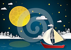 sailing boat at nighttime with full moon and cityscapes.paper cu