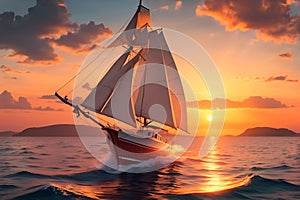 Sailing boat in open seas and sunset scene.