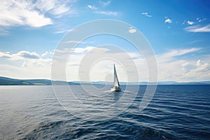 sailing boat, with person at the helm, sailing on azure sea