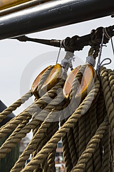 Sailing boat pulley, block and tackle with moored nautical rope