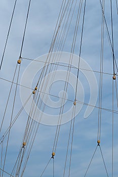 Pulleys and ropes on sailing ship