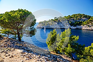 A sailing boat sails along the rocks of the National Parc des Calanques.