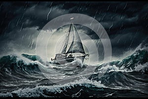 sailing boat at sea in heavy rain and storm