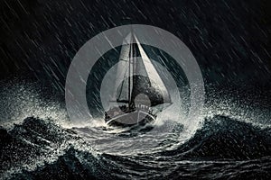 sailing boat at sea in heavy rain and storm