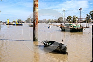 Sailing boat at sea with horizon line in the background photo