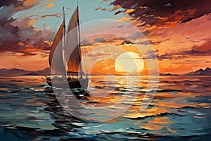 Sailing boat on the sea at sunrise. Oil painting style