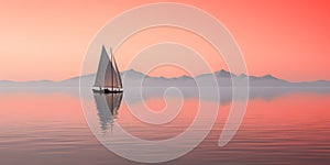Sailing boat in the sea at sunset with mountains in the background.
