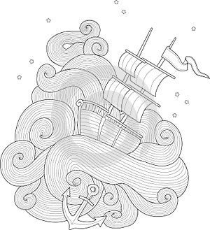 Sailing boat in sea waves graphic sketch template. Cartoon vector illustration in black and white