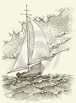 Sailing boat on sea waves sketch