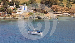 Sailing boat and a small church - Greece, Kea island
