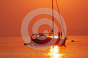 Sailing boat on sunset Adriatic Sea, Peljesac peninsusla,