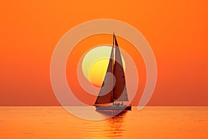 Sailing Boat at Sunset on Calm Sea.