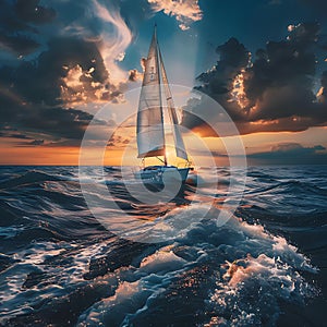 A sailing boat in the sunset generated by artificial intelligence
