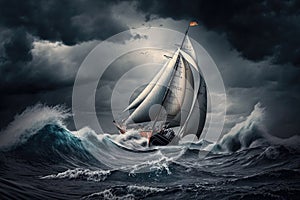 sailing boat trying to endure in fierce wind sailing in a storm