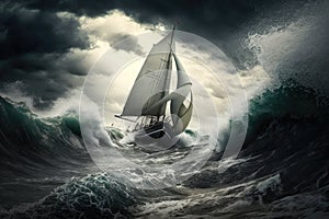 sailing boat trying to endure in fierce wind sailing in a storm