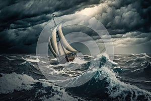 sailing boat trying to endure in fierce wind sailing in a storm