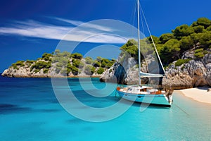 Sailing boat on the turquoise sea in Mallorca, Spain, Beautiful beach with sailing boat yacht, Cala Macarelleta, Menorca island,