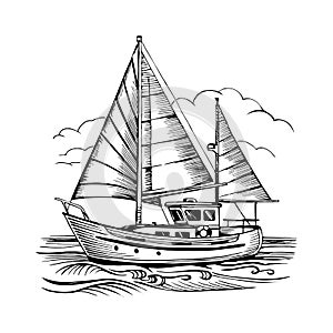 Sailing boat vector sketch isolated with clouds and stylized wav