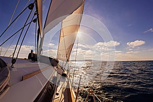 Sailing boat wide angle view in the sea