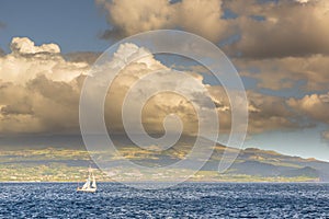 Sailing boat yacht on blue water Sea in Azores